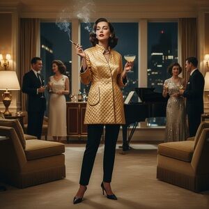 Rare 50s Grand Dame Gold Silk Quilted Hostess Set Genuine Chinoiserie Loungewear